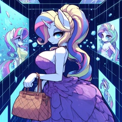 Size: 1024x1024 | Tagged: safe, imported from derpibooru, oc, oc only, anthro, abstract background, adorasexy, ai content, ai generated, bag, big breasts, breasts, bubble, clothes, curvy, cute, doppelganger, dress, female, handbag, hourglass figure, large butt, looking at you, not rarity, prompter:horselover fat, purse, sexy, sideboob, surreal, underwater, water, wedding dress