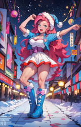 Size: 1536x2407 | Tagged: safe, imported from derpibooru, pinkie pie, human, ai content, ai generated, boots, christmas, clothes, fit, generator:seaart.ai, holiday, humanized, muscles, prompter:neondash, shoes, slender, snow, thin