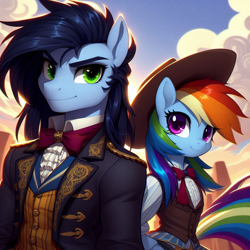 Size: 1024x1024 | Tagged: safe, imported from derpibooru, rainbow dash, soarin', anthro, ai content, ai generated, alternate hairstyle, clothes, cloud, female, generator:bing image creator, hat, jacket, male, prompter:*rainbow dash*, rock, shipping, sky, soarindash, straight, vest, wild west