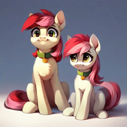 Size: 4096x4096 | Tagged: safe, imported from derpibooru, roseluck, pony, ai content, ai generated, collar, cute, duo, generator:purplesmart.ai, generator:stable diffusion, pet tag, pony pet, prompter:doom9454, rosepet, self paradox, self ponidox, sitting