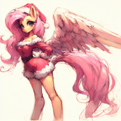 Size: 2048x2048 | Tagged: safe, imported from derpibooru, fluttershy, anthro, pegasus, ai content, ai generated, christmas, clothes, costume, generator:bing image creator, hat, hips, holiday, santa costume, santa hat, simple background, solo