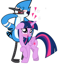 Size: 1550x1662 | Tagged: safe, artist:eagle1division, artist:themomoko, edit, imported from derpibooru, twilight sparkle, alicorn, bird, blue jay, pony, blushing, crossover, crossover shipping, emanata, female, heart, male, mordecai, mordetwi, regular show, shipping, simple background, straight, transparent background