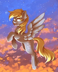 Size: 1133x1398 | Tagged: safe, artist:cheekipone, derpy hooves, pegasus, pony, cloud, dark, evening, female, flying, mare, sky, solo, spread wings, starry sky, stars, wings