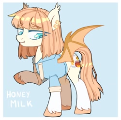 Size: 1628x1614 | Tagged: safe, artist:cheekipone, oc, oc only, oc:honey milk, bat pony, pony, base used, bat pony oc, bat wings, clothes, ear piercing, ear tufts, fangs, female, hoodie, looking down, mare, piercing, raised hoof, rolled sleeves, simple background, solo, spread wings, text, unshorn fetlocks, wings