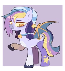 Size: 1628x1800 | Tagged: safe, artist:cheekipone, oc, oc only, oc:lavender dream, bat pony, pony, base used, bat pony oc, bat wings, bell, bell collar, clothes, collar, ear tufts, fangs, female, hat, looking down, mare, nightcap, raised hoof, simple background, socks, solo, spread wings, standing, stars, thigh highs, unshorn fetlocks, wings