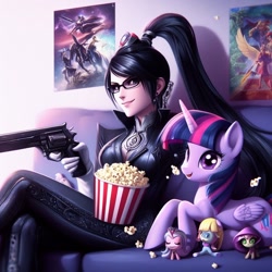 Size: 1024x1024 | Tagged: safe, artist:user15432, imported from derpibooru, twilight sparkle, alicorn, human, pony, ai content, ai generated, alternate cutie mark, bayonetta, bayonetta (character), couch, crossed legs, crossover, figure, food, generator:bing image creator, gun, long hair, looking at you, movie poster, open mouth, open smile, pony toy, ponytail, popcorn, poster, smiling, smiling at you, toy, twilight sparkle (alicorn), umbra witch, weapon, witch