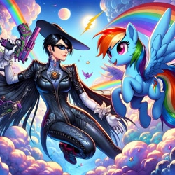 Size: 1024x1024 | Tagged: safe, artist:user15432, imported from derpibooru, rainbow dash, human, pegasus, pony, ai content, ai generated, alternate cutie mark, bayonetta, bayonetta (character), cloud, crossover, flying, generator:bing image creator, gun, hat, looking at each other, moon, open mouth, open smile, rainbow, rainbows, smiling, stars, sun, umbra witch, weapon, witch, witch hat