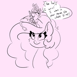 Size: 2048x2048 | Tagged: safe, artist:pigzfairy, imported from derpibooru, part of a set, discord, princess celestia, dialogue, discord being discord, duo, duo male and female, exclamation point, female, haha, high res, horn, male, mini, pop, sketch, teleportation