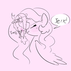 Size: 2048x2048 | Tagged: safe, artist:pigzfairy, imported from derpibooru, part of a set, discord, princess celestia, alicorn, blushing, cute, discute, dislestia, exclamation point, female, horn, jerk, kiss, kissing, male, mini, nose kiss, shipping, small, smek, straight, tsundere, upside down