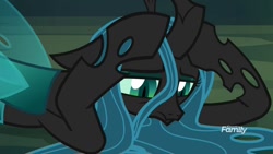 Size: 1024x576 | Tagged: safe, imported from derpibooru, screencap, ocellus, queen chrysalis, changeling, changeling queen, what lies beneath, discovery family, discovery family logo, female, frown, logo