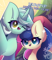 Size: 2300x2650 | Tagged: safe, artist:miryelis, imported from derpibooru, bon bon, lyra heartstrings, sweetie drops, earth pony, pony, unicorn, big ears, cute, female, happy new year, happy new year 2024, heart, heart eyes, holiday, looking at you, mare, one eye closed, smiling, text, wingding eyes
