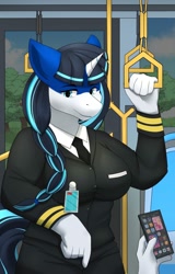 Size: 1280x2000 | Tagged: safe, artist:alsky, imported from derpibooru, oc, oc:ratangga, anthro, object pony, original species, pony, train pony, unicorn, breasts, bus, clothes, looking at you, ponified, train, uniform