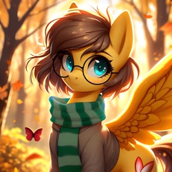 Size: 3048x3048 | Tagged: prompter needed, safe, derpibooru exclusive, imported from derpibooru, oc, oc only, oc:yuris, pegasus, pony, ai content, ai generated, autumn, clothes, ears up, female, forest, glasses, harry potter (series), looking at you, nature, scarf, slytherin, solo, tree