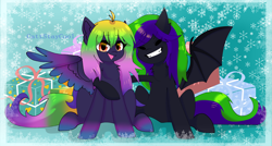 Size: 4000x2144 | Tagged: safe, artist:cattstaycool, imported from derpibooru, oc, oc only, oc:avra, oc:flysoul dragon, dragon, hybrid, snow, snowflake