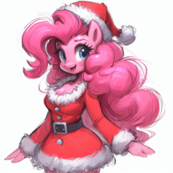 Size: 2048x2048 | Tagged: safe, imported from derpibooru, pinkie pie, anthro, earth pony, ai content, ai generated, christmas, clothes, costume, generator:bing image creator, hat, holiday, open mouth, prompter:krivovyaz, santa costume, santa hat, simple background, solo, white background