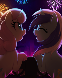 Size: 3200x4000 | Tagged: safe, artist:thebatfang, minuette, twinkleshine, pony, unicorn, backlighting, city, cityscape, eyes closed, female, females only, fireworks, mare, night, open mouth, smiling, stars