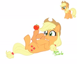 Size: 2048x1723 | Tagged: safe, artist:petaltwinkle, imported from derpibooru, applejack, earth pony, pony, apple, cute, female, food, jackabetes, lying down, mare, on back, signature, simple background, smiling, solo, white background