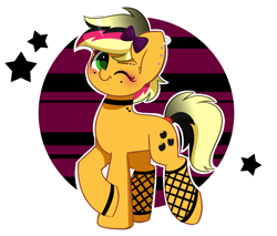 Size: 3651x3112 | Tagged: safe, artist:kittyrosie, imported from derpibooru, part of a set, applejack, earth pony, pony, abstract background, alternate hairstyle, bow, bracelet, choker, cute, ear piercing, earring, eyebrow piercing, eyeshadow, female, fishnets, goth, hair bow, high res, jackabetes, jewelry, lip piercing, looking at you, makeup, mare, multicolored hair, necklace, one eye closed, piercing, raised hoof, smiling, smiling at you, snake bites, solo, stars, tattoo, wink, wristband