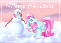 Size: 2480x1748 | Tagged: safe, artist:sweetpea-and-friends, imported from derpibooru, minty, earth pony, a very minty christmas, christmas, eyebrows, g3, holiday, merry christmas, raised eyebrow, snow, snowman, winter