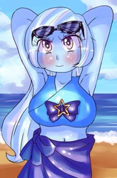 Size: 625x955 | Tagged: safe, artist:araiiara123, imported from derpibooru, trixie, equestria girls, arm behind head, armpits, beach, belly button, blushing, breasts, busty trixie, clothes, eye clipping through hair, female, sarong, solo, sunglasses, swimsuit