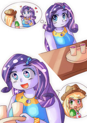 Size: 724x1023 | Tagged: safe, artist:araiiara123, imported from derpibooru, applejack, rarity, human, equestria girls, applejack's hat, clothes, cowboy hat, drink, female, hat, heart, lesbian, rarijack, shipping, thought bubble, tray