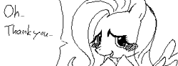 Size: 320x120 | Tagged: safe, artist:kaikidqx, imported from derpibooru, fluttershy, pegasus, pony, black and white, blushing, dialogue, empty eyes, female, grayscale, mare, miiverse, monochrome, name, no nose, oekaki, open mouth, open smile, simple background, smiling, solo, speech bubble, talking, talking to viewer, white background