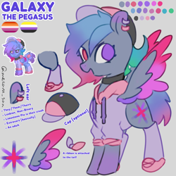 Size: 4096x4096 | Tagged: safe, artist:metaruscarlet, imported from derpibooru, oc, oc:galaxy (pegasus), pegasus, pony, pony town, baseball cap, bow, cap, choker, clothes, color palette, colored eartips, colored wings, ear piercing, earring, gradient mane, gradient tail, gradient wings, gray background, hat, heterochromia, hoodie, jewelry, lesbian pride flag, multicolored wings, nonbinary, nonbinary lesbian, nonbinary pride flag, open mouth, open smile, pegasus oc, piercing, pink eyes, pride, pride flag, pronouns, purple eyes, reference sheet, ribbon, shoes, simple background, smiling, socks, spread wings, standing, tail, tail bow, wings