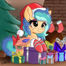 Size: 2500x2500 | Tagged: safe, artist:memprices, imported from derpibooru, oc, oc only, oc:autumn dew, pony, art trade, chimney, christmas, christmas stocking, christmas tree, clothes, digital art, fireplace, hat, high res, holiday, pencil drawing, ponysona, present, santa hat, secret santa, socks, solo, traditional art, tree