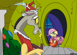 Size: 3460x2480 | Tagged: safe, artist:ostarbito, imported from derpibooru, discord, fluttershy, draconequus, pegasus, pony, chimney, christmas, christmas nightgowns, christmas ornament, christmas tree, cindy lou who, clothes, colored background, costume, decoration, duo, female, filly, filly fluttershy, floppy ears, foal, frown, hat, holiday, horns, how the grinch stole christmas, indoors, interior, male, nails, nightgown, pajamas, reference, sad, santa costume, santa hat, snow, the grinch, tree, worried, younger