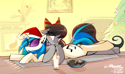 Size: 2500x1479 | Tagged: safe, artist:madragon, imported from derpibooru, dj pon-3, octavia melody, vinyl scratch, earth pony, pony, unicorn, bow, christmas, christmas tree, cookie, duo, ear piercing, earring, eye clipping through hair, eyebrows, eyebrows visible through hair, female, fireplace, food, hair bow, happy new year, hat, holiday, jewelry, lesbian, looking at someone, lying down, mare, milk, one ear down, piercing, raised hoof, relaxing, room, santa hat, scratchtavia, shipping, tree