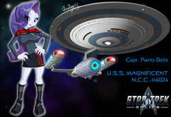 Size: 1280x875 | Tagged: safe, artist:captricosakara, imported from derpibooru, rarity, equestria girls, clothes, female, logo, solo, star trek, starship, uniform, video game crossover