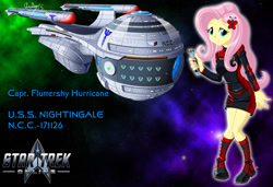 Size: 1280x875 | Tagged: safe, artist:captricosakara, imported from derpibooru, fluttershy, equestria girls, clothes, female, logo, solo, star trek, starship, uniform, video game crossover