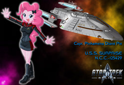 Size: 1280x875 | Tagged: safe, artist:captricosakara, imported from derpibooru, pinkie pie, equestria girls, clothes, female, logo, solo, star trek, starship, uniform, video game crossover