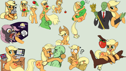 Size: 1920x1080 | Tagged: safe, artist:appulman, applejack, oc, oc:anon, bat pony, earth pony, human, pony, alcohol, apple, applebutt, blushing, butt, clothes, computer, cross, crying, exclamation point, eye contact, eyes closed, eyes on the prize, female, food, gray background, hay bale, heart eyes, hissing, holding a pony, hug, human and pony, interrobang, laptop computer, lip bite, liquor, looking at each other, looking at you, looking back, looking back at you, male, mare, monitor, necktie, open smile, question mark, scared, scepter, shirt, simple background, sitting, speech, suit, sweat, sweatdrop, talking, tree branch, twilight scepter, union jack, whiskey, wide hips, wingding eyes
