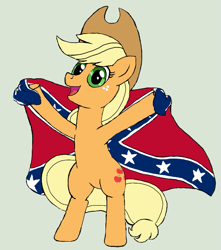 Size: 639x722 | Tagged: safe, artist:appulman, applejack, bipedal, confederate flag, female, green background, hoof hold, looking at you, mare, mouthpiece, simple background