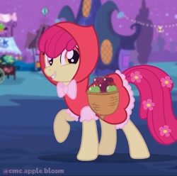 Size: 1080x1071 | Tagged: safe, artist:cmc.apple.bloom, imported from derpibooru, apple bloom, pony, apple, apple basket, clothes, costume, dress, female, flower, flower in hair, food, grin, hood, little red riding hood, looking at you, mare, nightmare night, older, older apple bloom, raised hoof, smiling, solo, standing