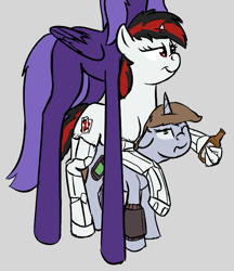 Size: 579x669 | Tagged: safe, artist:barhandar, imported from twibooru, oc, oc only, oc:blackjack, oc:goddess, oc:littlepip, alicorn, cyborg, unicorn, fallout equestria, fallout equestria: project horizons, alcohol, amputee, annoyed, bottle, colored sketch, fanfic art, gray background, horn, image, large horn, leaning, png, quadruple amputee, redraw, simple background, size difference, sketch, small, small horn, whiskey