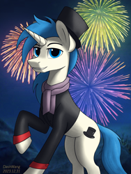 Size: 2250x3000 | Tagged: safe, artist:dash wang, imported from derpibooru, pony, unicorn, clothes, fireworks, happy new year 2024, hat, male