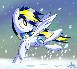 Size: 1569x1405 | Tagged: safe, artist:notadeliciouspotato, imported from derpibooru, oc, oc only, oc:huracata, pegasus, pony, clothes, female, mare, running, scarf, signature, smiling, snow, snowfall, snowflake, solo, spread wings, wings