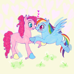 Size: 2048x2048 | Tagged: safe, artist:universalheart, imported from derpibooru, pinkie pie, rainbow dash, earth pony, pegasus, pony, blushing, boop, colored hooves, duo, ear tufts, female, flying, grass, heart, lesbian, mismatched hooves, missing cutie mark, noseboop, pinkiedash, ponytail, shipping, standing