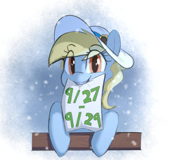 Size: 1069x1000 | Tagged: safe, artist:welost, imported from derpibooru, oc, oc only, oc:fair flyer, pegasus, pony, announcement, eye clipping through hair, eyebrows, eyebrows visible through hair, female, hat, looking at you, mare fair, mouth hold, snow, snowfall, solo, teeth, winter