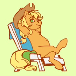Size: 2048x2048 | Tagged: safe, artist:universalheart, imported from derpibooru, applejack, earth pony, pony, applejack's hat, belly button, chest fluff, chubby, cowboy hat, female, freckles, green background, hat, looking at you, mare, simple background, sitting, smiling, smiling at you