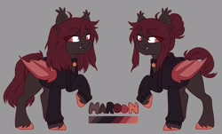 Size: 2438x1477 | Tagged: safe, artist:cheekipone, oc, oc only, oc:maroon, bat pony, pony, bat pony oc, bat wings, clothes, collar, ear tufts, fangs, female, folded wings, looking back, mare, raised hoof, reference sheet, simple background, solo, standing, sweater, text, unshorn fetlocks, wings