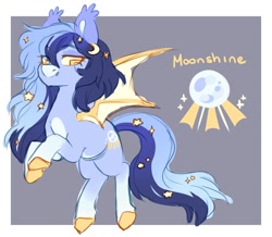 Size: 1286x1122 | Tagged: safe, artist:cheekipone, oc, oc only, oc:moonshine, bat pony, pony, bat pony oc, bat wings, cloven hooves, cutie mark, ear tufts, ethereal mane, fangs, female, flying, hairclip, looking down, mare, moon, simple background, solo, spread wings, starry mane, text, wings