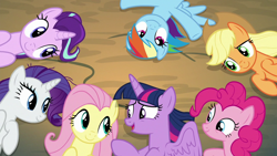 Size: 1280x720 | Tagged: safe, edit, edited screencap, imported from derpibooru, screencap, applejack, fluttershy, pinkie pie, rainbow dash, rarity, starlight glimmer, twilight sparkle, alicorn, earth pony, pegasus, pony, unicorn, the mean 6, looking at each other, lying down, lying on the ground, mane six, open mouth, open smile, smiling, twilight sparkle (alicorn)