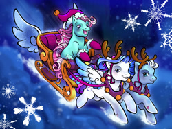 Size: 1280x960 | Tagged: safe, artist:sparkytopia, imported from derpibooru, minty, silver glow, earth pony, pegasus, pony, antlers, christmas, closed mouth, clothes, colored wings, fake antlers, female, flying, g3, gradient wings, grin, hat, holiday, hoof heart, jingle bells, looking at someone, mare, night, night sky, open mouth, open smile, reindeer antlers, santa hat, sky, sleigh, smiling, snow, snow'el ii, snowflake, socks, sparkly wings, spread wings, trio, underhoof, wings, yoke