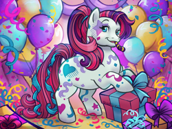 Size: 1280x960 | Tagged: safe, artist:sparkytopia, imported from derpibooru, earth pony, pony, balloon, birthday party, birthday pony, confetti, female, g1, mare, party, party horn, ponytail, present, ribbon, smiling, solo