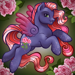 Size: 1280x1280 | Tagged: safe, artist:sparkytopia, imported from derpibooru, colored wings, female, flower, flying, g3, gradient wings, green background, grin, looking at you, mare, royal rose, simple background, smiling, smiling at you, solo, sparkly legs, sparkly wings, spread wings, wings