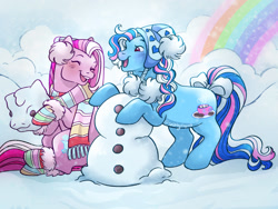 Size: 1280x960 | Tagged: safe, artist:sparkytopia, imported from derpibooru, earth pony, pony, bow, braid, bundled up for winter, clothes, cloud, duo, earmuffs, eyes closed, female, g3, hat, mare, marshmellow coco (g3), mittens (g3), open mouth, open smile, rainbow, scarf, sky, smiling, snow, snowpony, socks, striped scarf, striped socks, tail, tail bow, winter, winter hat