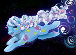 Size: 1280x914 | Tagged: safe, artist:sparkytopia, imported from derpibooru, night glider (g1), earth pony, pony, female, flying, g1, looking at you, mare, night, night sky, open mouth, open smile, sky, smiling, smiling at you, space